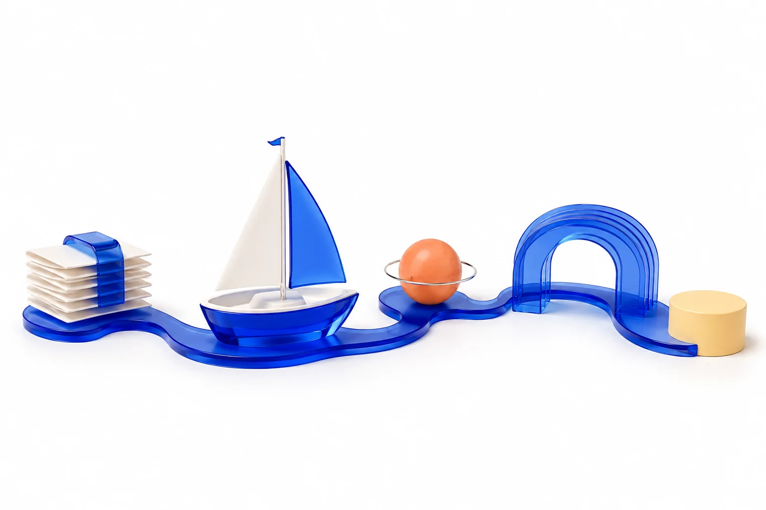 A blue sailboat follows a connected path through documents and colorful shapes.